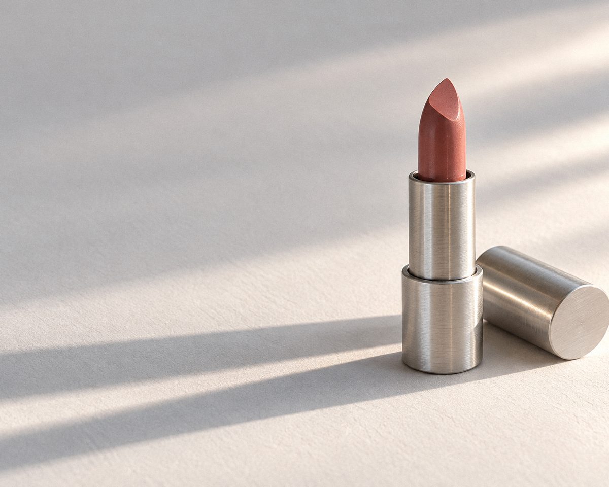 An undecorated lipstick case, uncapped, on a white card